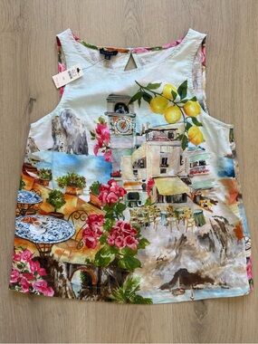 NWT Talbots Coastal Scenic Lemon Print Sleeveless Linen Top - White Yellow